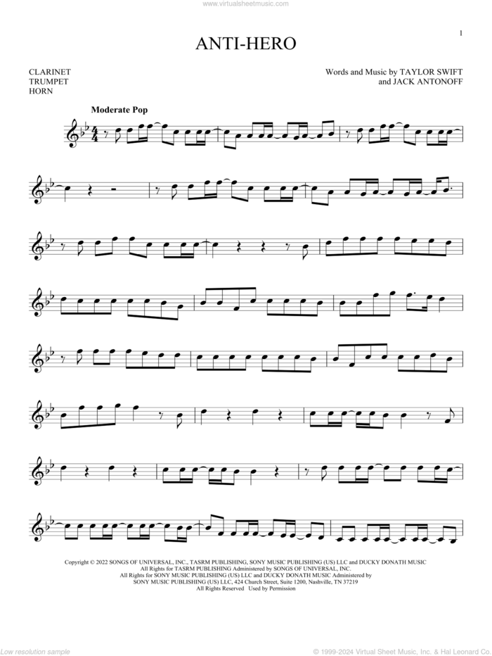 Anti-Hero sheet music for Solo Instrument (treble clef low) by Taylor Swift and Jack Antonoff, intermediate skill level