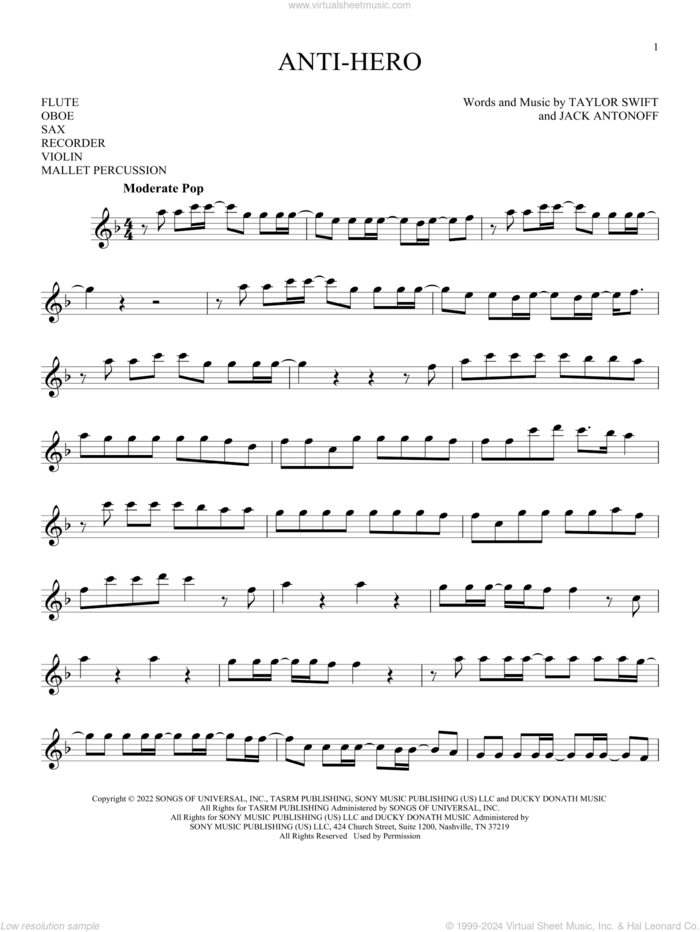 Anti-Hero sheet music for Solo Instrument (treble clef high) by Taylor Swift and Jack Antonoff, intermediate skill level
