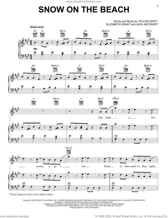 Snow On The Beach (feat. Lana Del Rey) sheet music for voice, piano or guitar by Taylor Swift, Elizabeth Grant and Jack Antonoff, intermediate skill level