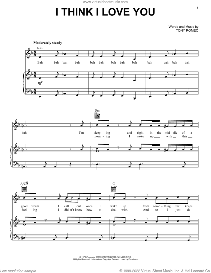 I Think I Love You sheet music for voice, piano or guitar by The Partridge Family and Tony Romeo, intermediate skill level
