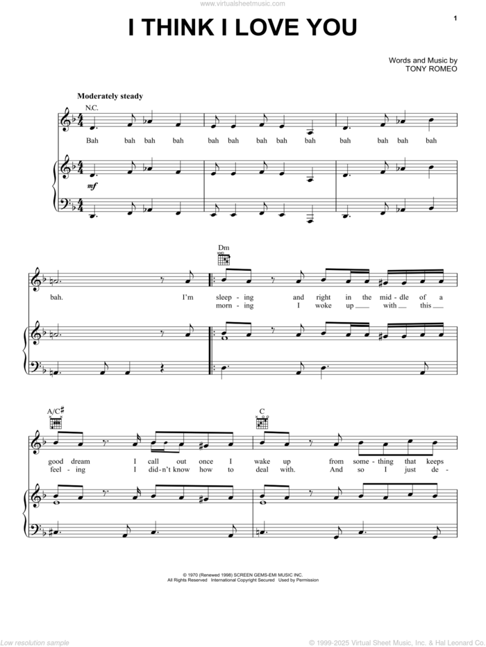 I Think I Love You sheet music for voice, piano or guitar by The Partridge Family and Tony Romeo, intermediate skill level