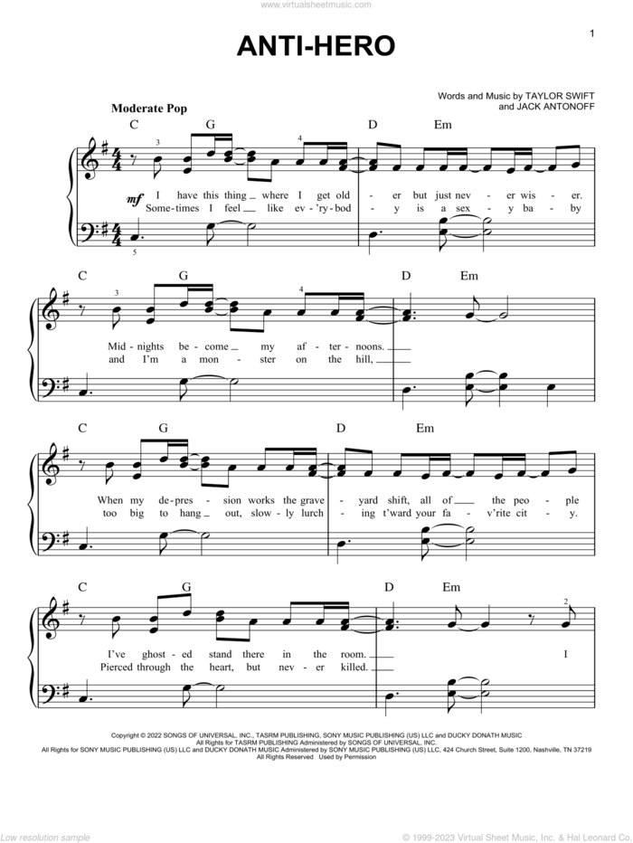 Anti-Hero, (easy) sheet music for piano solo by Taylor Swift and Jack Antonoff, easy skill level