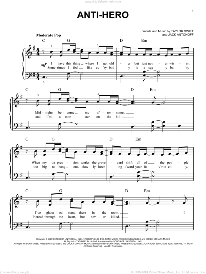 Anti-Hero, (easy) sheet music for piano solo by Taylor Swift and Jack Antonoff, easy skill level