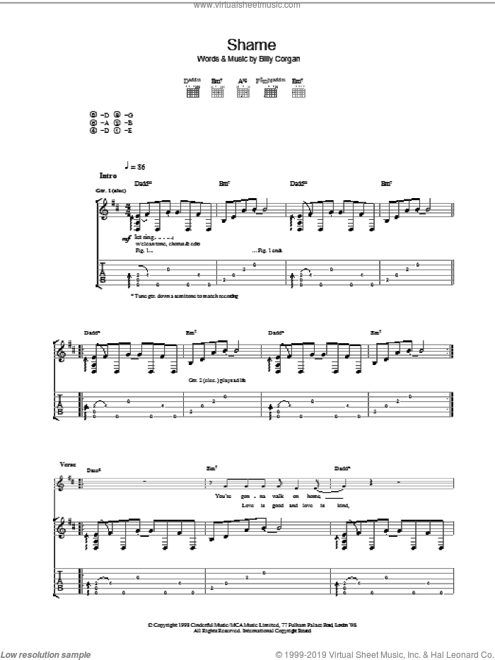 Shame sheet music for guitar (tablature) by The Smashing Pumpkins, intermediate skill level