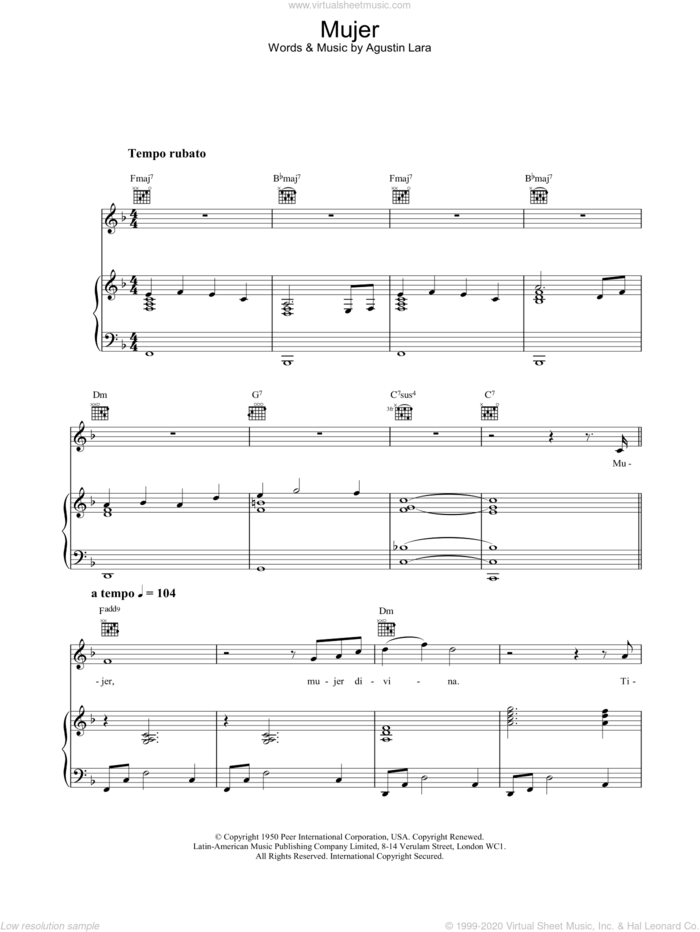 Mujer sheet music for voice, piano or guitar by Placido Domingo, classical score, intermediate skill level