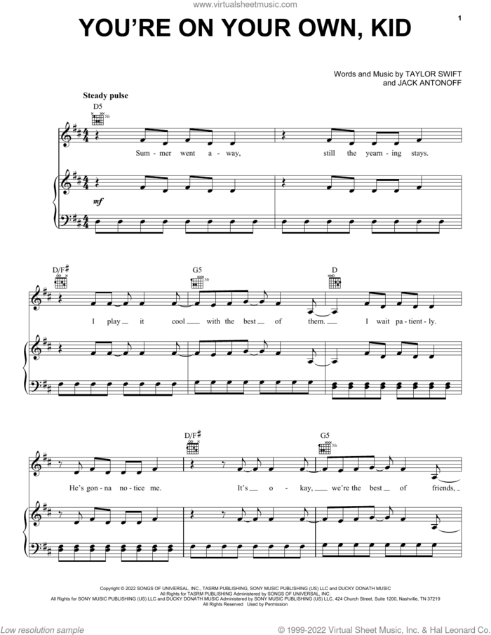 You're On Your Own, Kid sheet music for voice, piano or guitar by Taylor Swift and Jack Antonoff, intermediate skill level