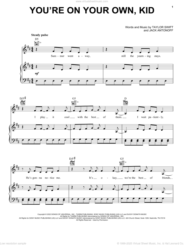 You're On Your Own, Kid sheet music for voice, piano or guitar by Taylor Swift and Jack Antonoff, intermediate skill level