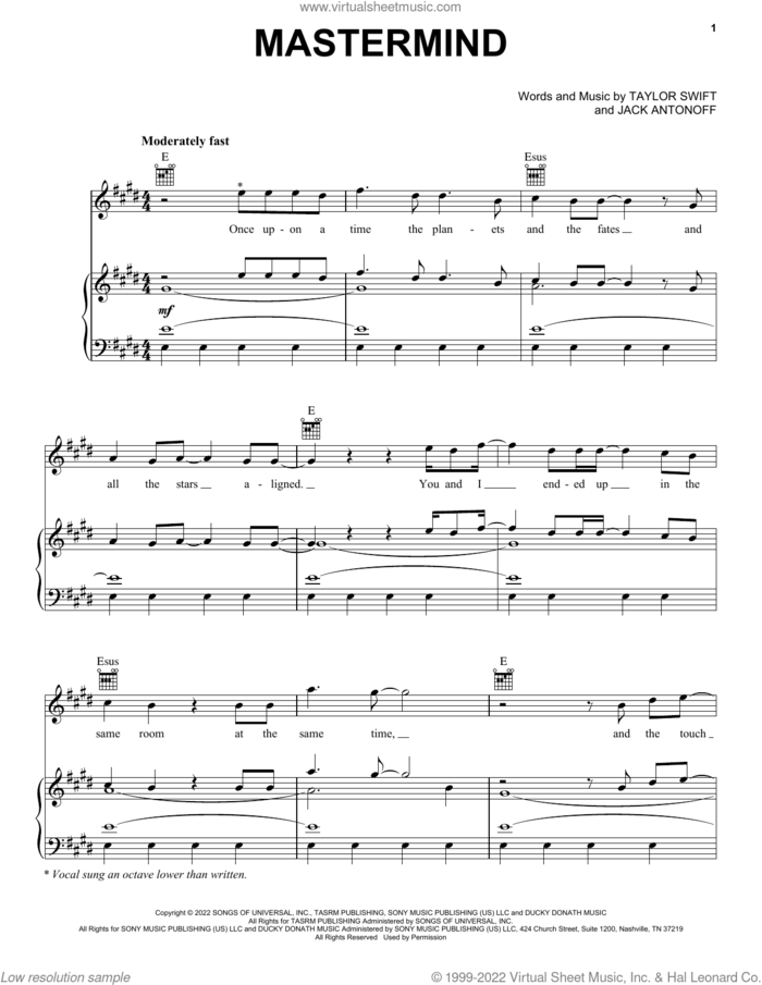 Mastermind sheet music for voice, piano or guitar by Taylor Swift and Jack Antonoff, intermediate skill level