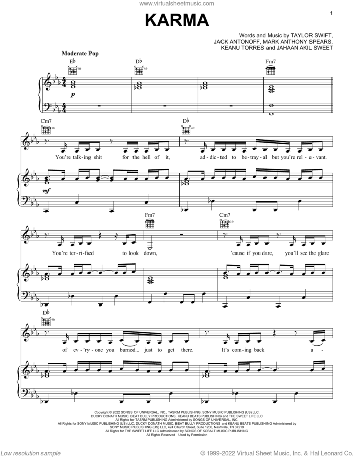 Karma sheet music for voice, piano or guitar by Taylor Swift, Jack Antonoff, Jahaan Akil Sweet, Keanu Torres and Mark Anthony Spears, intermediate skill level