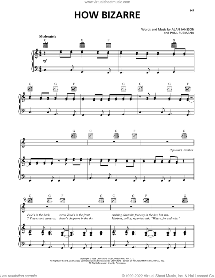 How Bizarre sheet music for voice, piano or guitar by OMC, Alan Jansson and Paul Fuemana, intermediate skill level