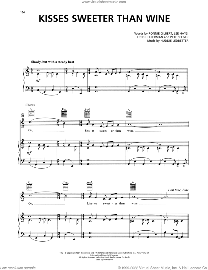 Kisses Sweeter Than Wine sheet music for voice, piano or guitar by Jimmie Rodgers, Peter, Paul & Mary, Fred Hellerman, Huddie Ledbetter, Lee Hays, Pete Seeger and Ronnie Gilbert, intermediate skill level