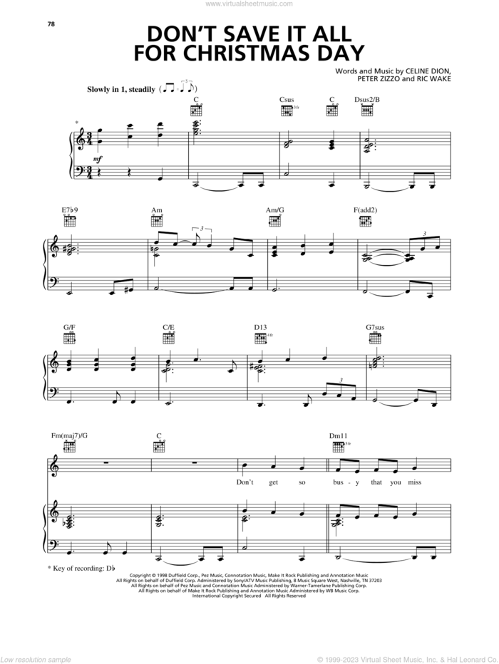 Don't Save It All For Christmas Day sheet music for voice, piano or guitar by Avalon, Celine Dion, Peter Zizzo and Ric Wake, intermediate skill level