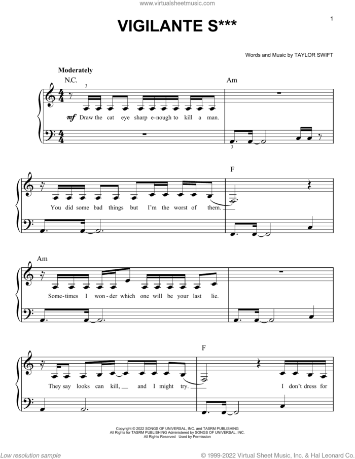 Vigilante S*** sheet music for piano solo by Taylor Swift, easy skill level