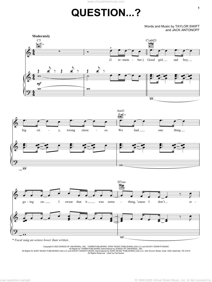 Question...? sheet music for voice, piano or guitar by Taylor Swift and Jack Antonoff, intermediate skill level