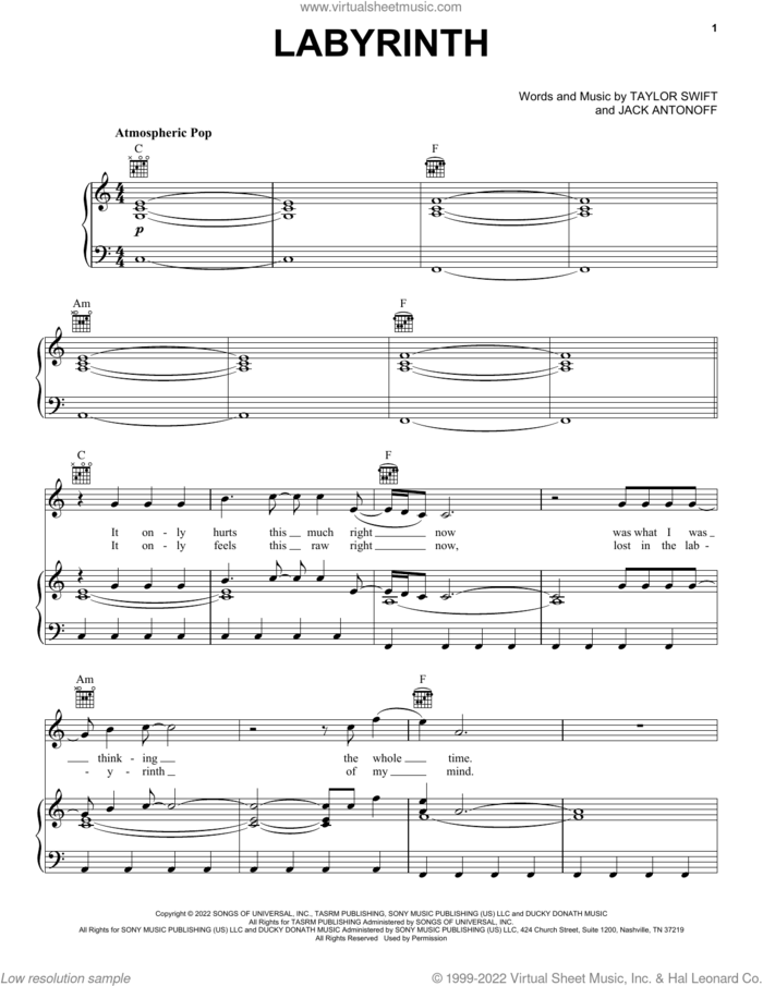 Labyrinth sheet music for voice, piano or guitar by Taylor Swift and Jack Antonoff, intermediate skill level