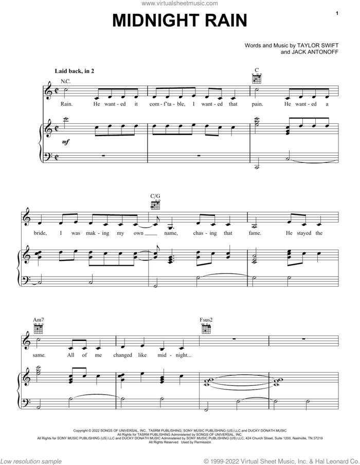 Midnight Rain sheet music for voice, piano or guitar by Taylor Swift and Jack Antonoff, intermediate skill level