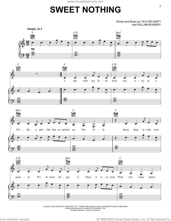 Sweet Nothing sheet music for voice, piano or guitar by Taylor Swift and William Bowery, intermediate skill level