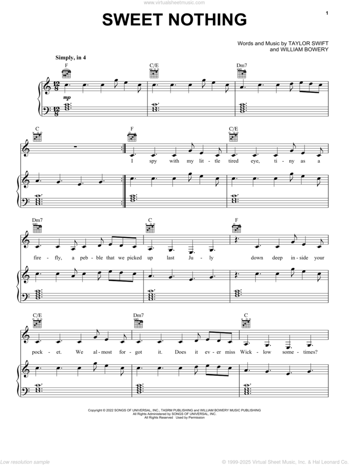 Sweet Nothing sheet music for voice, piano or guitar by Taylor Swift and William Bowery, intermediate skill level