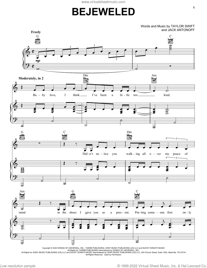 Bejeweled sheet music for voice, piano or guitar by Taylor Swift and Jack Antonoff, intermediate skill level