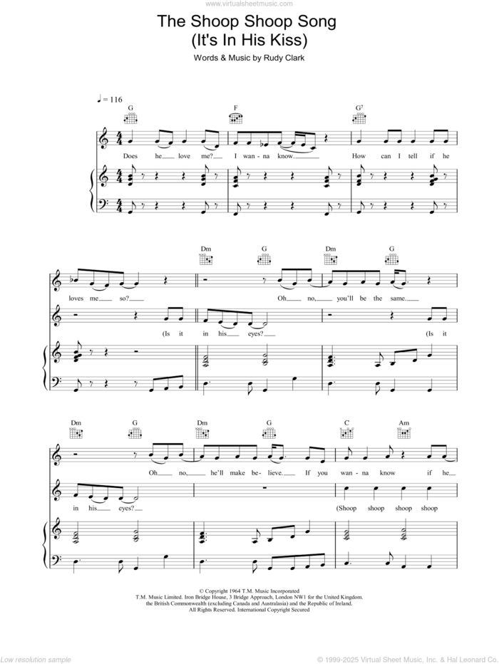 The Shoop Shoop Song  (It's In His Kiss) sheet music for voice, piano or guitar by Cher, intermediate skill level