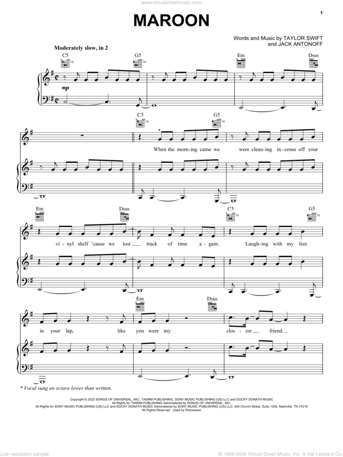 Maroon sheet music for voice, piano or guitar by Taylor Swift and Jack Antonoff, intermediate skill level
