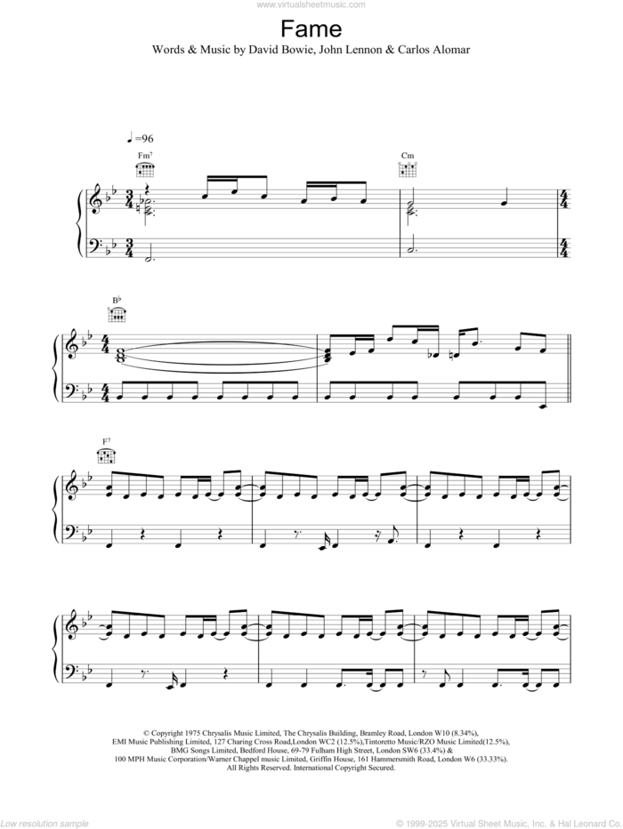 Fame sheet music for voice, piano or guitar by David Bowie, intermediate skill level