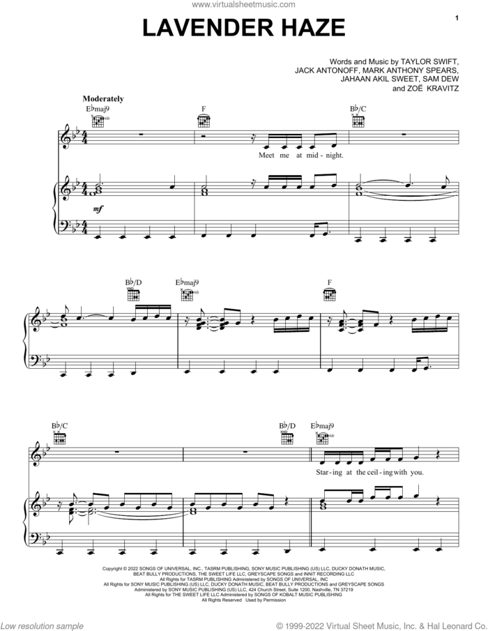 Lavender Haze sheet music for voice, piano or guitar by Taylor Swift, Jack Antonoff, Jahaan Akil Sweet, Mark Anthony Spears, Sam Dew and Zoe Kravitz, intermediate skill level