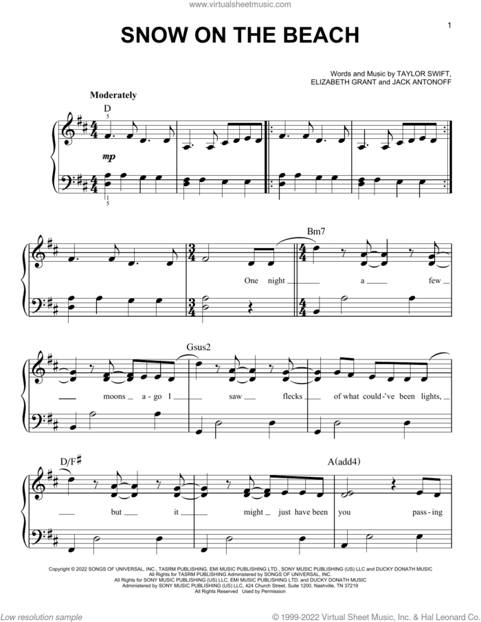 Snow On The Beach (feat. Lana Del Rey) sheet music for piano solo by Taylor Swift, Elizabeth Grant and Jack Antonoff, easy skill level