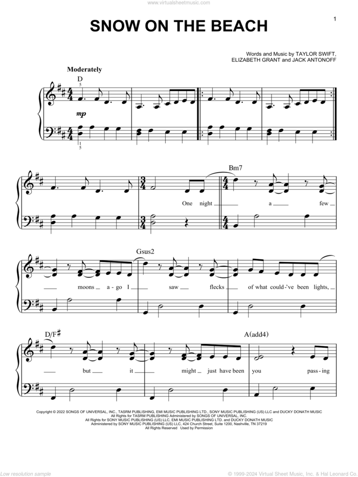 Snow On The Beach (feat. Lana Del Rey) sheet music for piano solo by Taylor Swift, Elizabeth Grant and Jack Antonoff, easy skill level