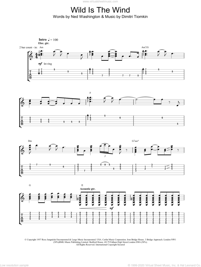 Wild Is The Wind sheet music for guitar (tablature) by David Bowie, intermediate skill level