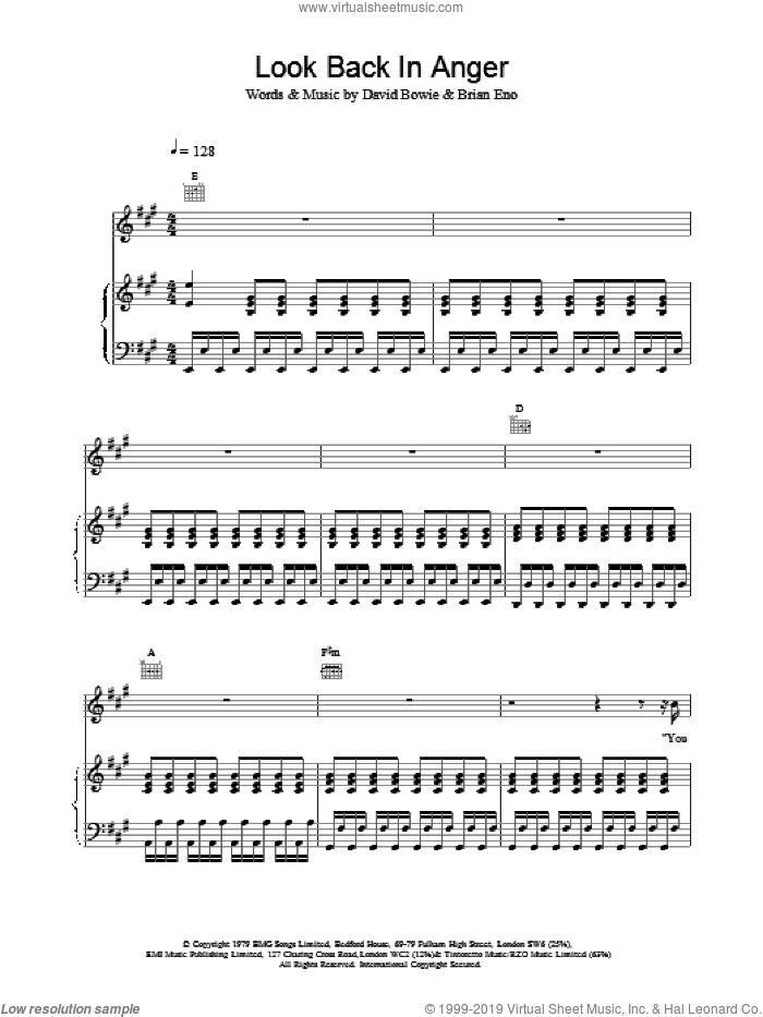 Look Back In Anger sheet music for voice, piano or guitar by David Bowie, intermediate skill level