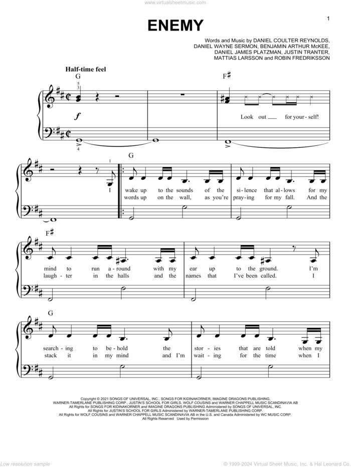 Enemy (from the series Arcane League of Legends) sheet music for piano solo by Imagine Dragons X JID, Benjamin Arthur Mckee, Daniel Coulter Reynolds, Daniel James Platzman, Daniel Wayne Sermon, Justin Tranter, Mattias Larsson and Robin Fredriksson, easy skill level