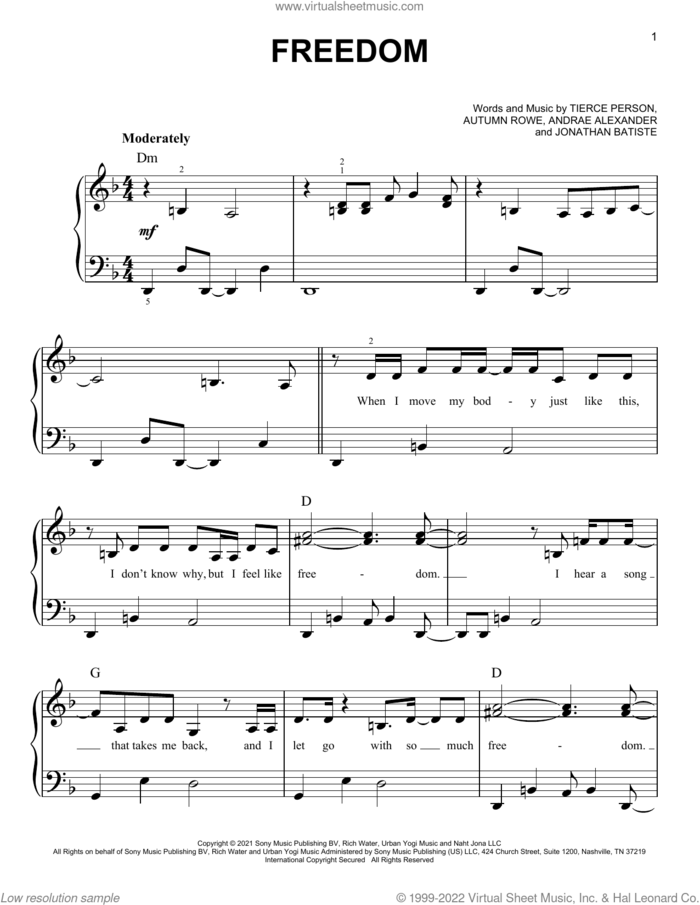 Freedom sheet music for piano solo by Jon Batiste, Andrae Alexander, Autumn Rowe, Jonathan Batiste and Tierce Person, easy skill level