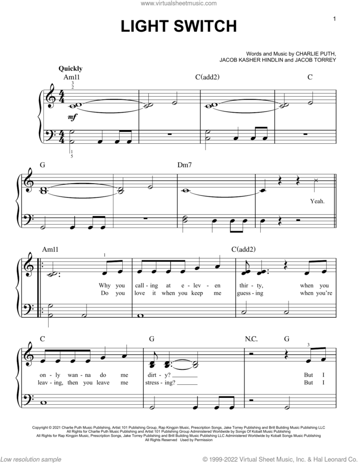 Light Switch sheet music for piano solo by Charlie Puth, Jacob Kasher Hindlin and Jacob Torrey, easy skill level