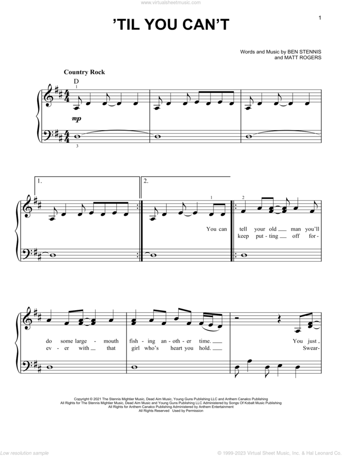 'Til You Can't sheet music for piano solo by Cody Johnson, Ben Stennis and Matt Rogers, easy skill level