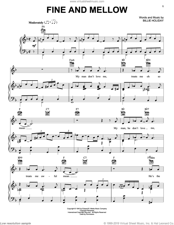 Fine And Mellow sheet music for voice, piano or guitar by Billie Holiday, intermediate skill level