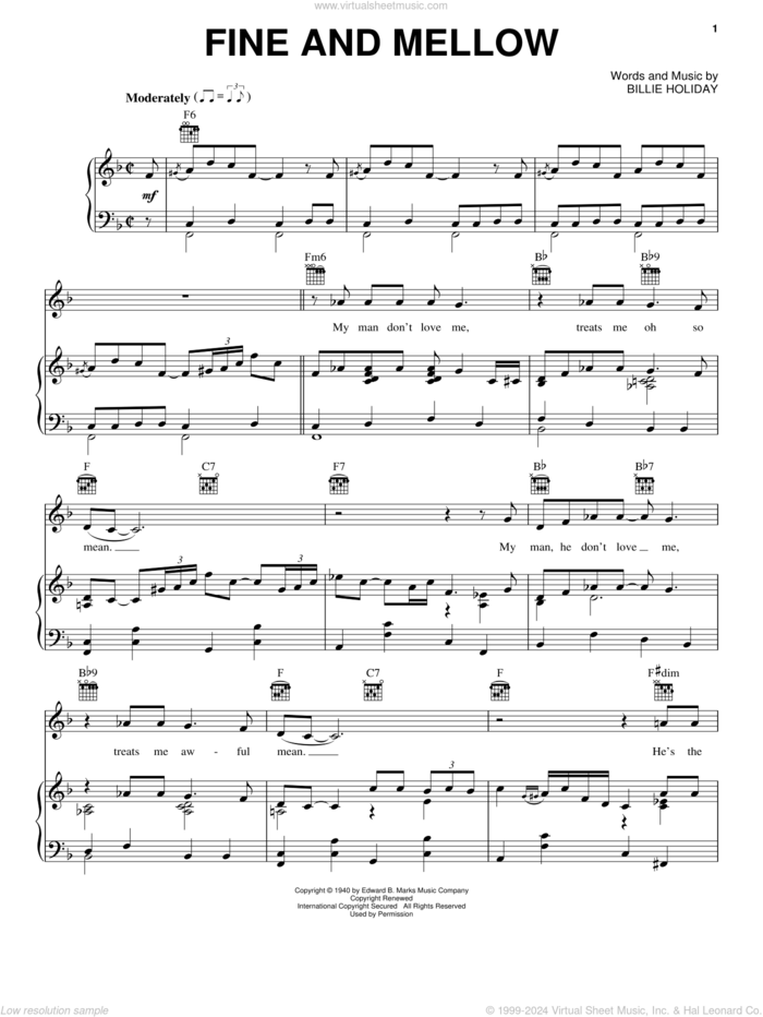 Fine And Mellow sheet music for voice, piano or guitar by Billie Holiday, intermediate skill level