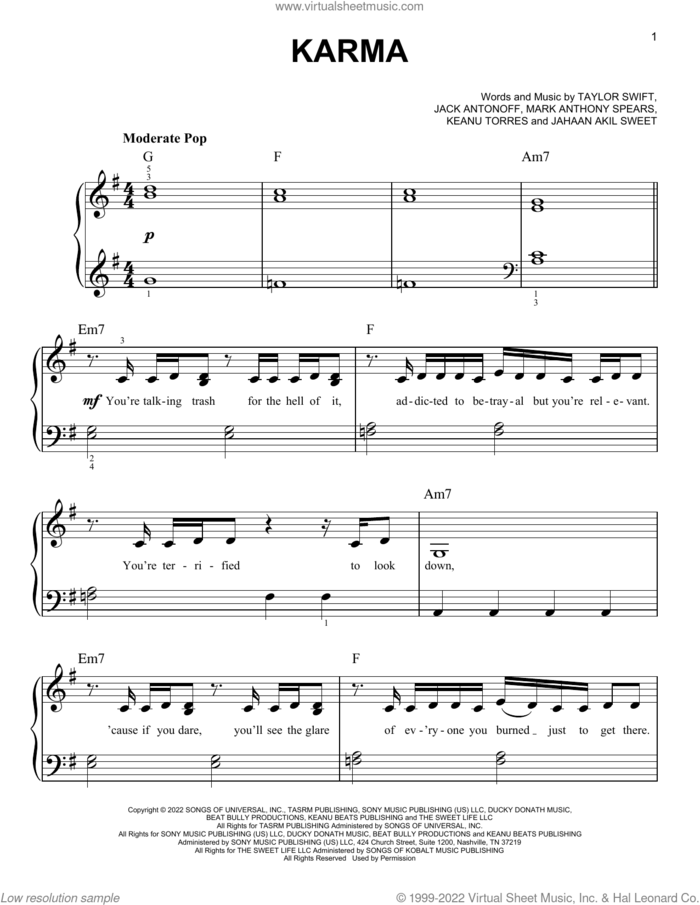Karma sheet music for piano solo by Taylor Swift, Jack Antonoff, Jahaan Akil Sweet, Keanu Torres and Mark Anthony Spears, easy skill level