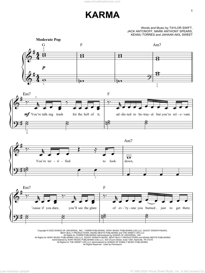 Karma sheet music for piano solo by Taylor Swift, Jack Antonoff, Jahaan Akil Sweet, Keanu Torres and Mark Anthony Spears, easy skill level