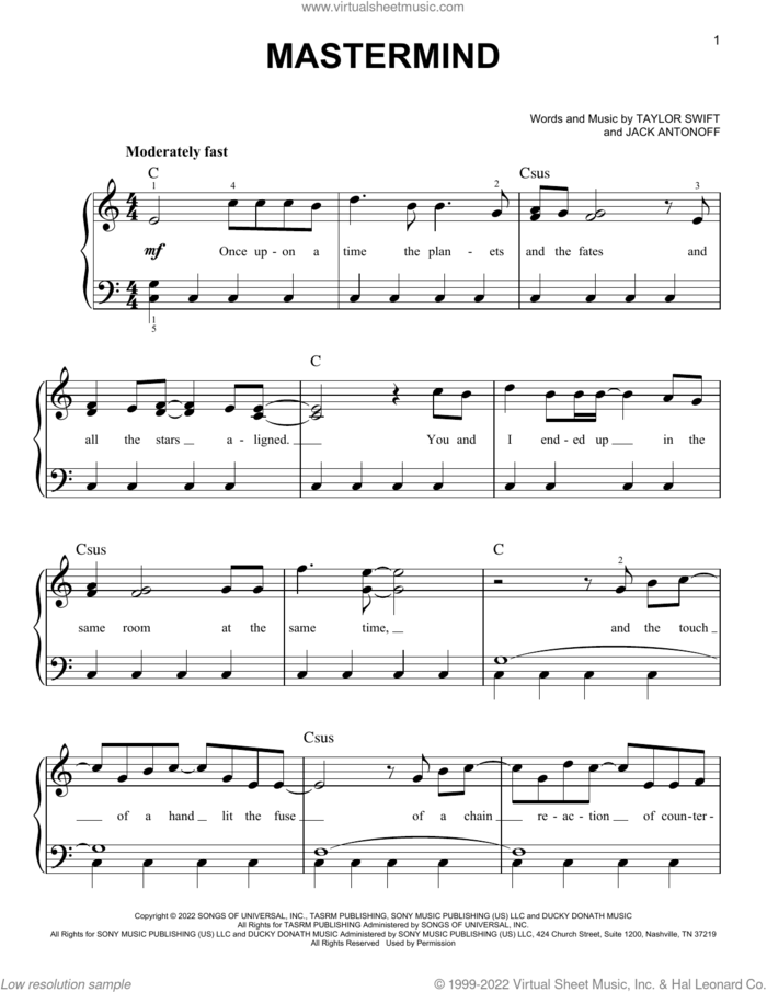Mastermind sheet music for piano solo by Taylor Swift and Jack Antonoff, easy skill level
