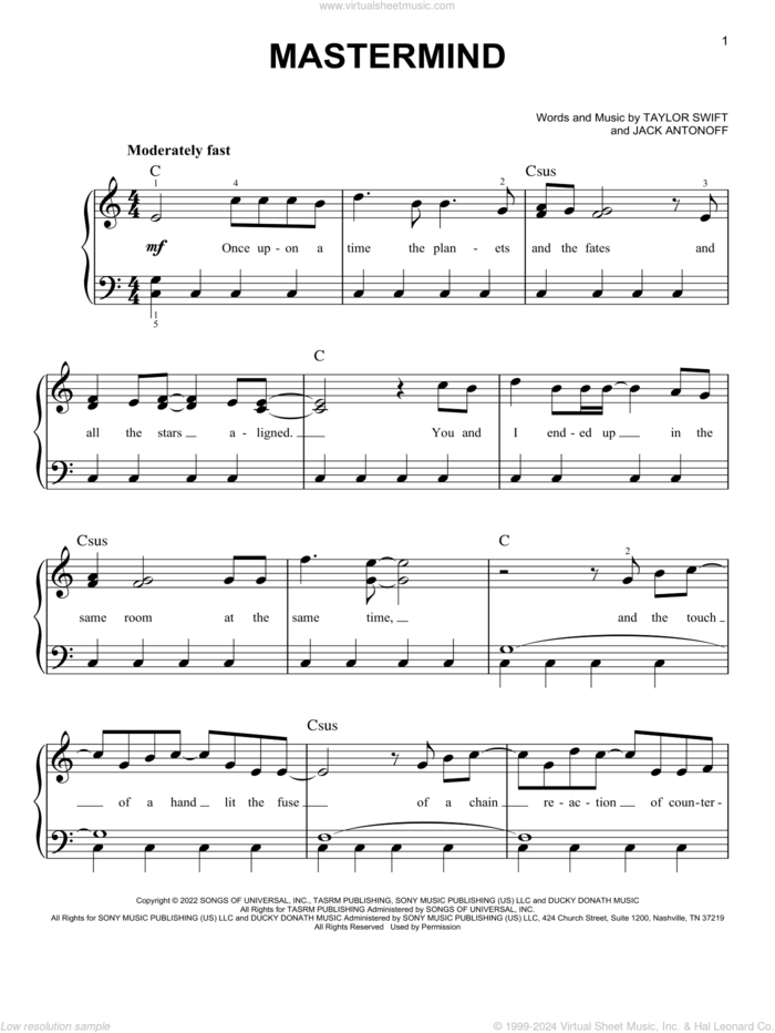 Mastermind sheet music for piano solo by Taylor Swift and Jack Antonoff, easy skill level