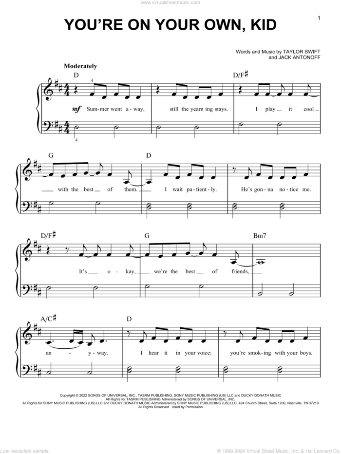 You're On Your Own, Kid sheet music for piano solo by Taylor Swift and Jack Antonoff, easy skill level