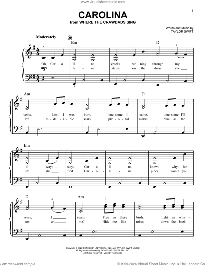 Carolina (from Where The Crawdads Sing) sheet music for piano solo by Taylor Swift, easy skill level