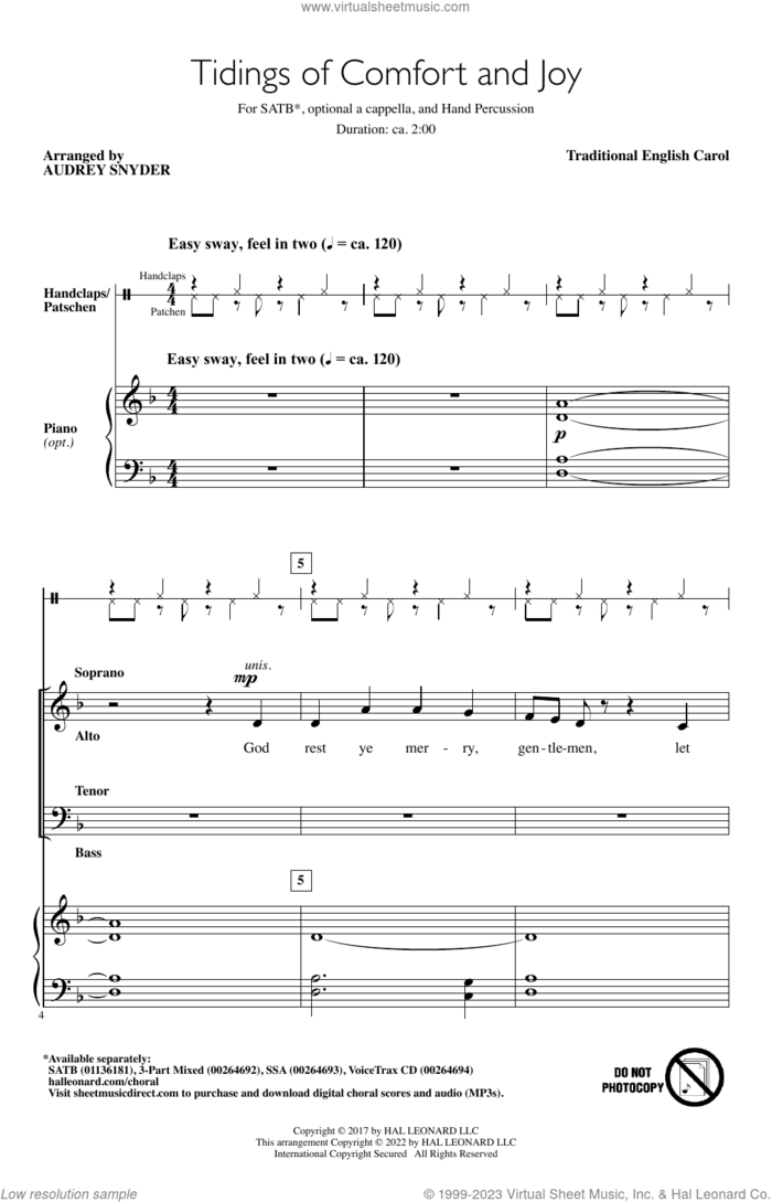 Tidings Of Comfort And Joy sheet music for choir (SATB: soprano, alto, tenor, bass) by Audrey Snyder and Miscellaneous, intermediate skill level