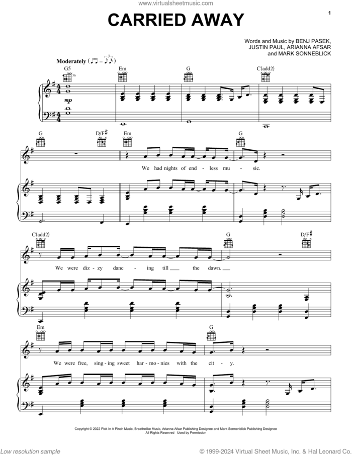 Carried Away (from Lyle, Lyle, Crocodile) sheet music for voice, piano or guitar by Shawn Mendes, Arianna Afsar, Benj Pasek, Justin Paul and Mark Sonnenblick, intermediate skill level