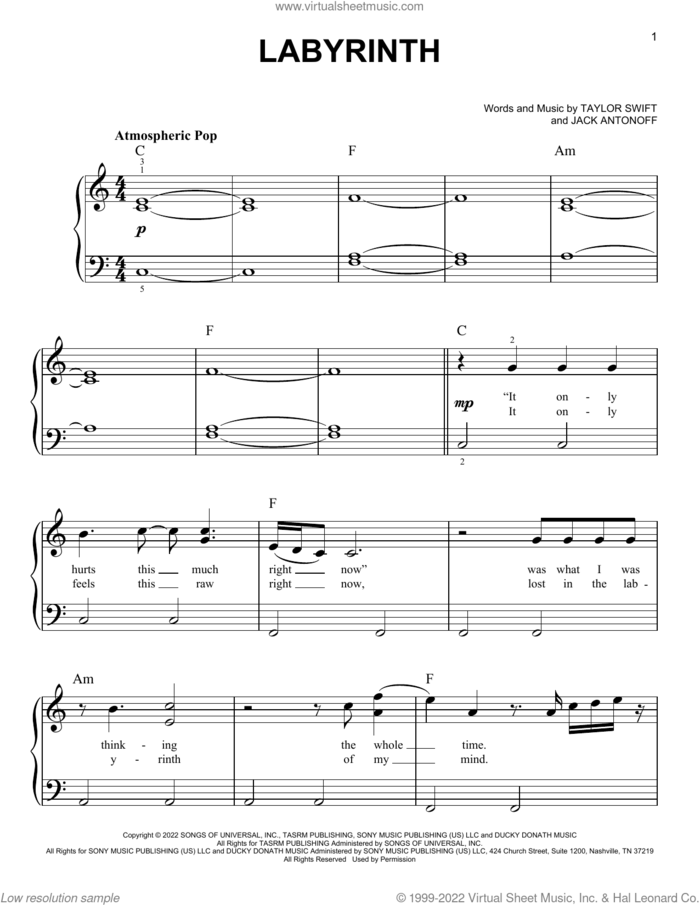 Labyrinth sheet music for piano solo by Taylor Swift and Jack Antonoff, easy skill level