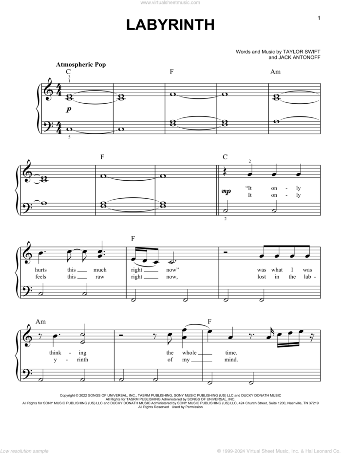 Labyrinth sheet music for piano solo by Taylor Swift and Jack Antonoff, easy skill level