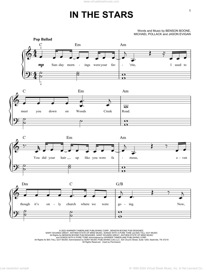 In The Stars sheet music for piano solo by Benson Boone, Jason Evigan and Michael Pollack, easy skill level