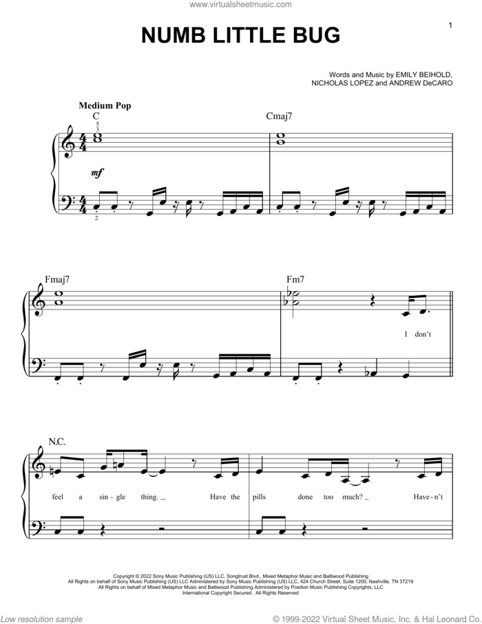 Numb Little Bug sheet music for piano solo by Em Beihold, Andrew DeCaro, Emily Beihold and Nicholas Lopez, easy skill level