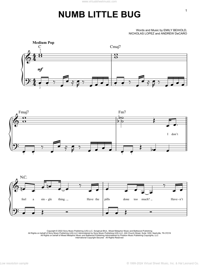 Numb Little Bug sheet music for piano solo by Em Beihold, Andrew DeCaro, Emily Beihold and Nicholas Lopez, easy skill level